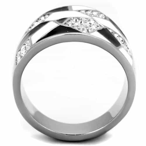 Stainless Steel White Black Enamel Geometric Mosaic CZ Pave Ring view 7