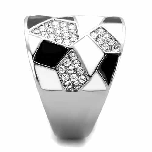 Stainless Steel White Black Enamel Geometric Mosaic CZ Pave Ring view 8