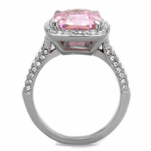 Stainless Steel Pink Cushion CZ Double Halo Pave Ring view 7