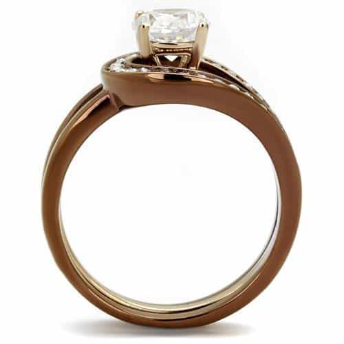 Stainless Steel Coffee IP CZ Round Halo Channel Bridal Set Ring view 7
