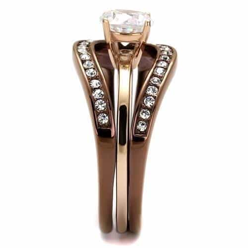 Stainless Steel Coffee IP CZ Round Halo Channel Bridal Set Ring view 8