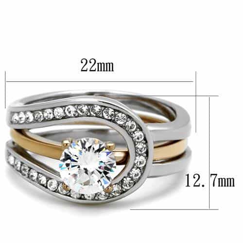 Stainless Steel CZ Round Halo Swirl Two Tone Bridal Set Ring view 6
