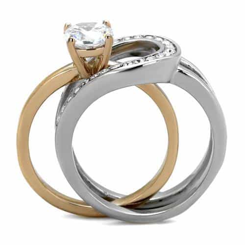Stainless Steel CZ Round Halo Swirl Two Tone Bridal Set Ring view 7