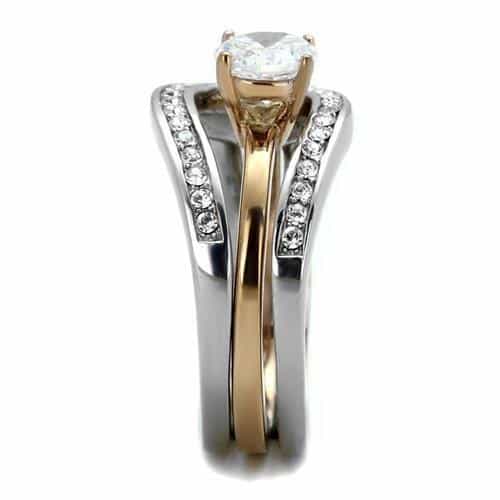 Stainless Steel CZ Round Halo Swirl Two Tone Bridal Set Ring view 8