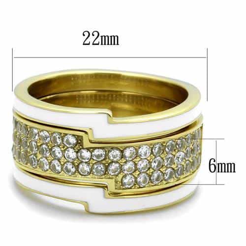Stainless Steel Gold IP White Enamel CZ Pave Wide Band Ring view 2