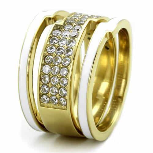 Stainless Steel Gold IP White Enamel CZ Pave Wide Band Ring view 4