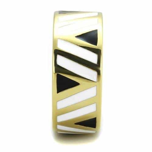 Stainless Steel Gold IP Black Enamel Diagonal Stripe Wide Ring view 8