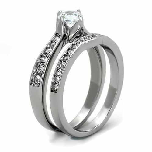 Stainless Steel CZ Round Halo Cathedral Bridal Ring view 8