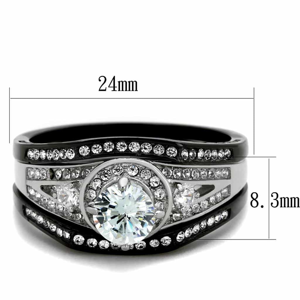 Stainless Steel Black IP CZ Round Halo Cable Rope Bridal Set Ring view 2
