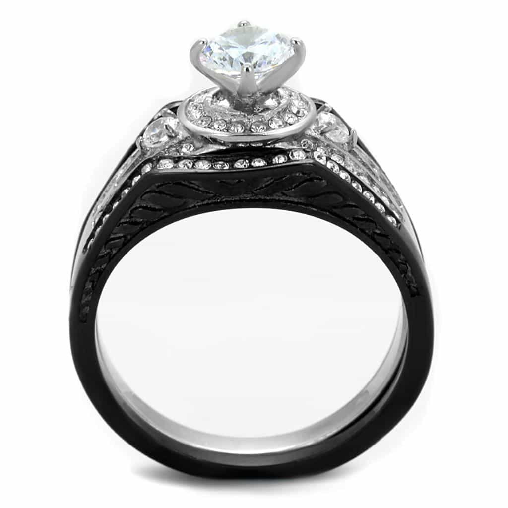 Stainless Steel Black IP CZ Round Halo Cable Rope Bridal Set Ring view 7