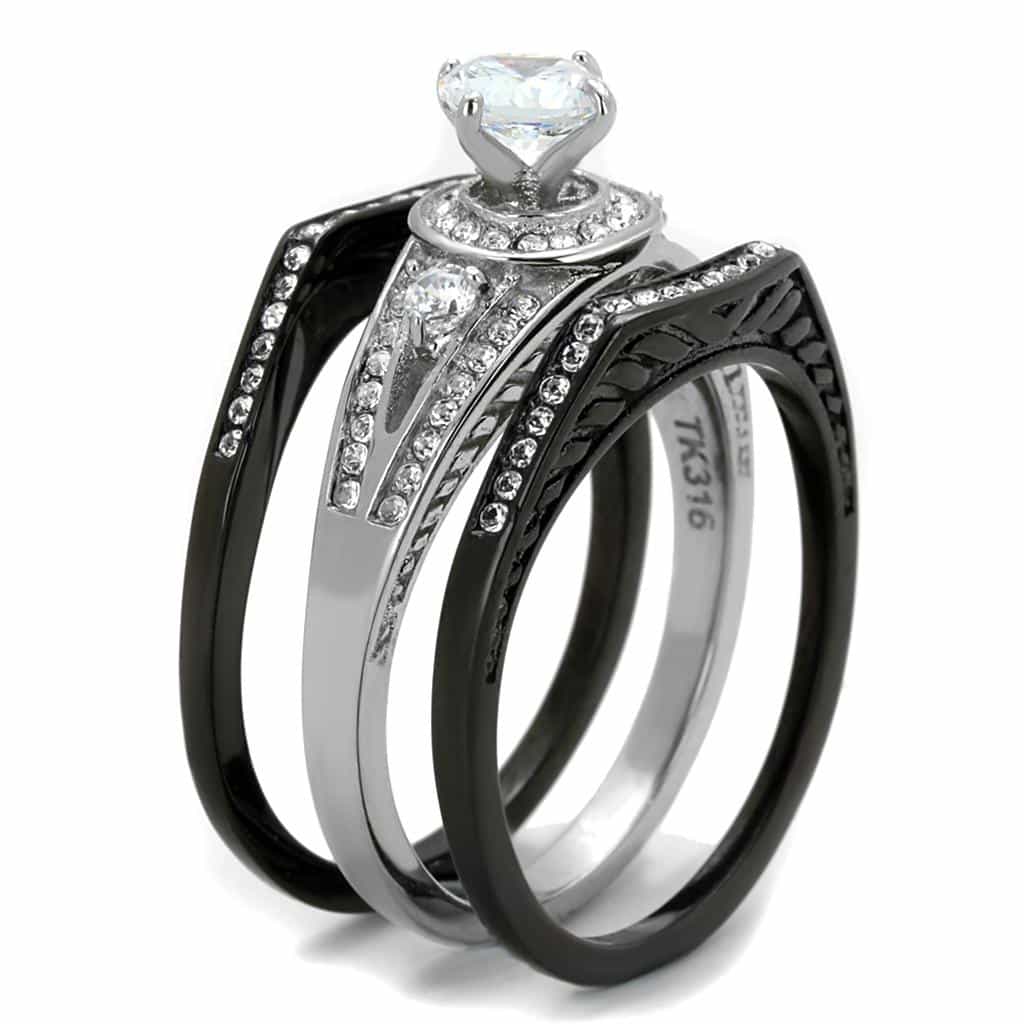 Stainless Steel Black IP CZ Round Halo Cable Rope Bridal Set Ring view 8