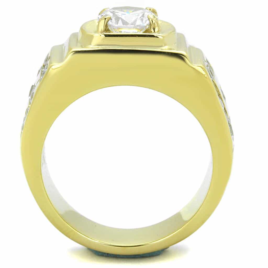 Stainless Steel Gold IP CZ Round Square Bezel Pave Mens Ring view 7
