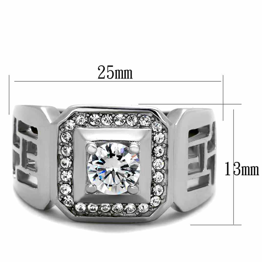 Stainless Steel CZ Princess Bezel Greek Key Mens Signet Ring view 2