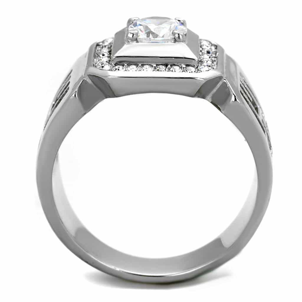Stainless Steel CZ Princess Bezel Greek Key Mens Signet Ring view 3