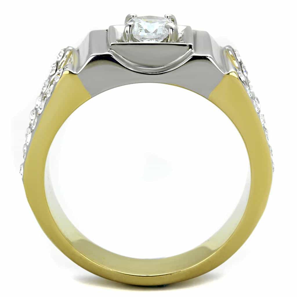 Stainless Steel Two Tone CZ Princess Halo Step Mens Signet Ring view 7