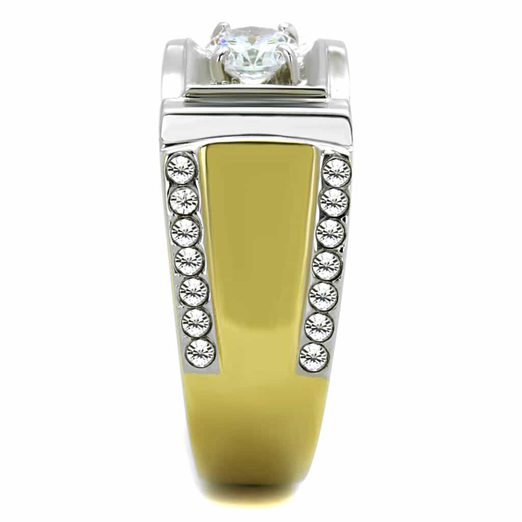 Stainless Steel Two Tone CZ Princess Halo Step Mens Signet Ring view 4