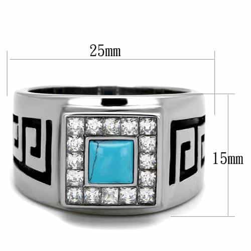 Stainless Steel Turquoise Square Greek Key Mens Signet Ring view 6