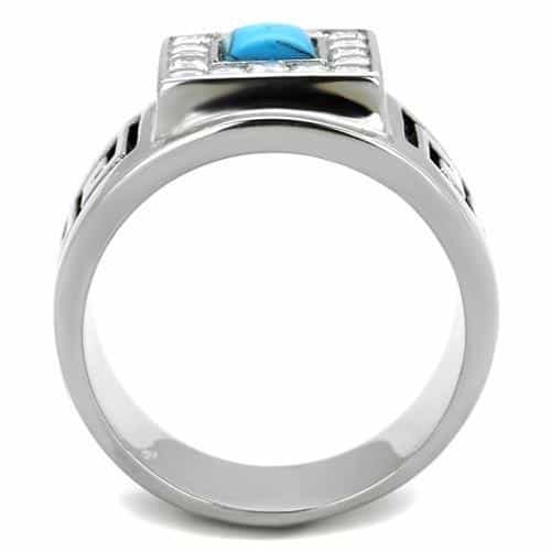 Stainless Steel Turquoise Square Greek Key Mens Signet Ring view 7