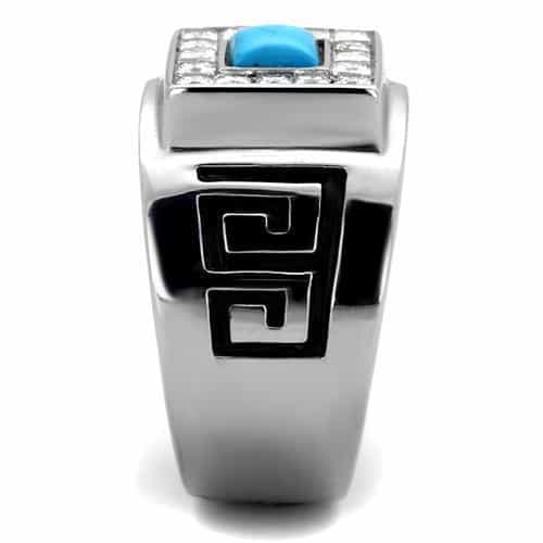 Stainless Steel Turquoise Square Greek Key Mens Signet Ring view 8
