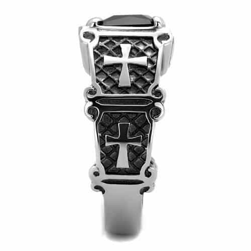 Stainless Steel Black Onyx Emerald Cut Cross Detail Mens Ring view 8
