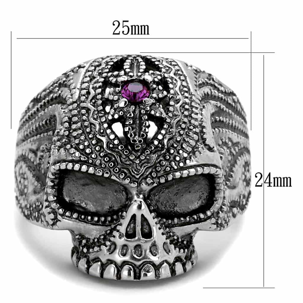 Stainless Steel Skull Ornate Crown Purple Eye Ring view 2