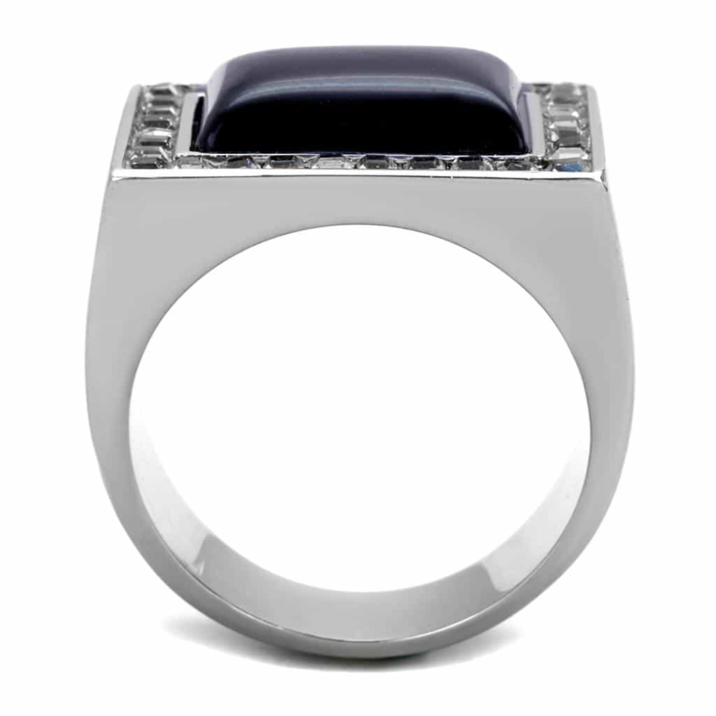 Stainless Steel Black Onyx Rectangle CZ Halo Mens Signet Ring view 3