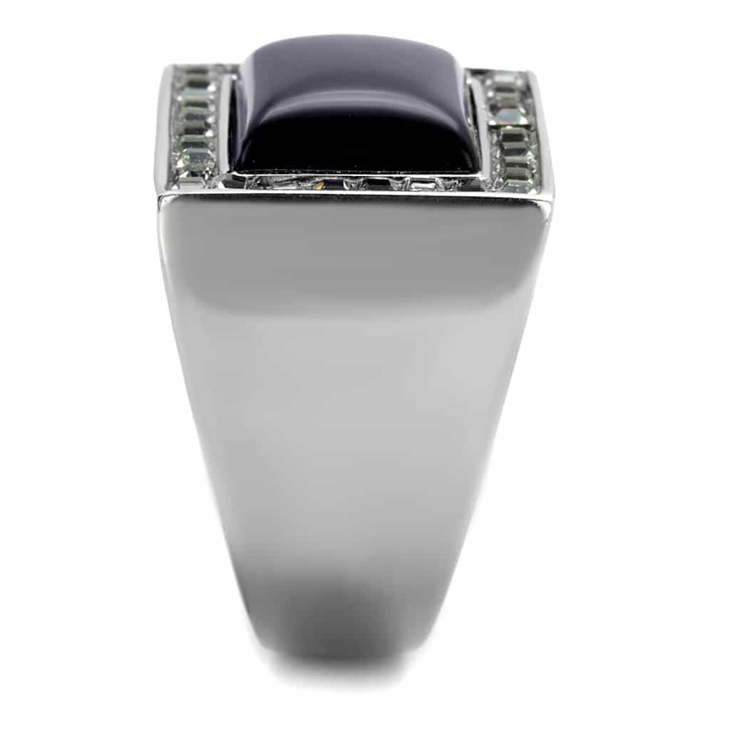 Stainless Steel Black Onyx Rectangle CZ Halo Mens Signet Ring view 4