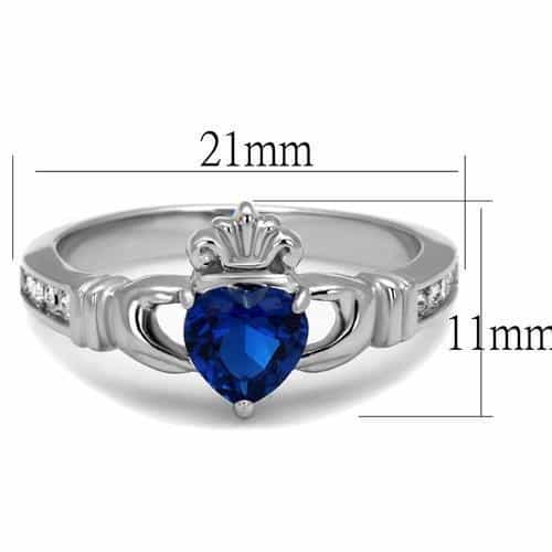 Stainless Steel Blue Sapphire Heart Claddagh CZ Crown Ring view 6