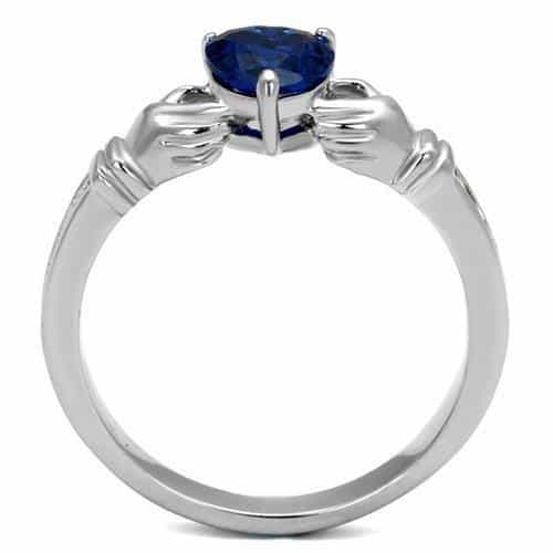 Stainless Steel Blue Sapphire Heart Claddagh CZ Crown Ring view 7