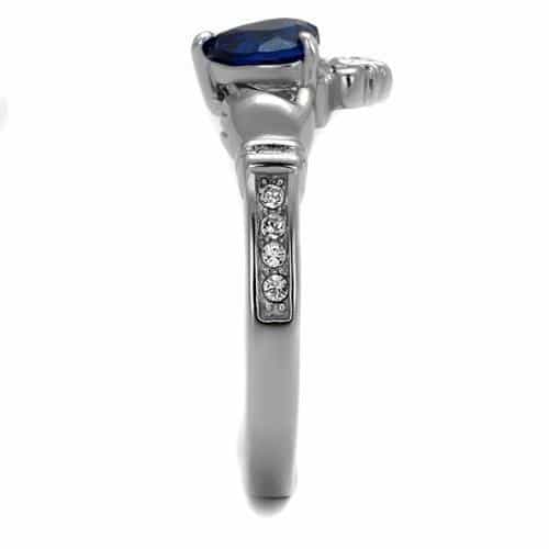Stainless Steel Blue Sapphire Heart Claddagh CZ Crown Ring view 4