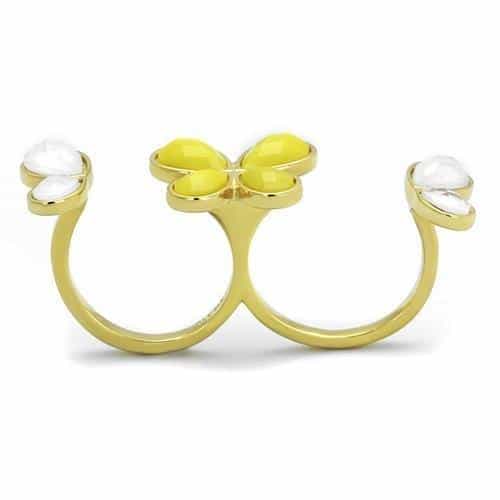 Stainless Steel Gold IP Yellow White Enamel Flower Ring view 3