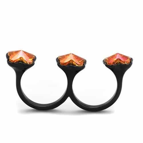 Stainless Steel Black IP Orange Butterfly Crystal Double Ring view 3