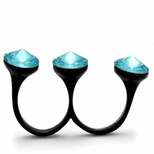 Stainless Steel Black IP Aqua Blue Round Crystal Double Open Ring view 3