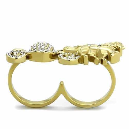 Stainless Steel Gold IP Horse Galloping CZ Pave Ring view 7