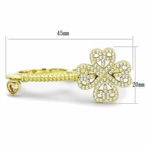 Stainless Steel Gold IP CZ Four Leaf Clover Double Finger Ring view 2