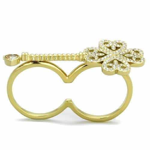 Stainless Steel Gold IP CZ Four Leaf Clover Double Finger Ring view 3