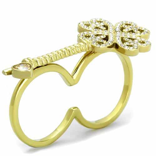 Stainless Steel Gold IP CZ Four Leaf Clover Double Finger Ring view 8