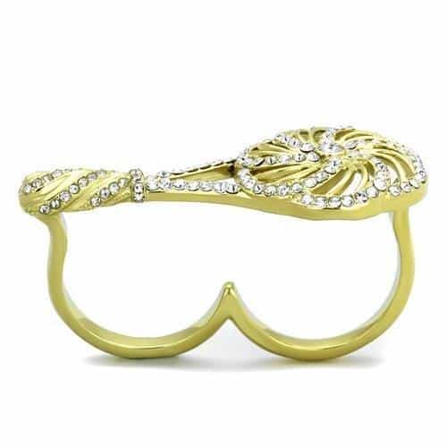 Stainless Steel Gold IP CZ Wave Swirl Pave Double Finger Ring view 3