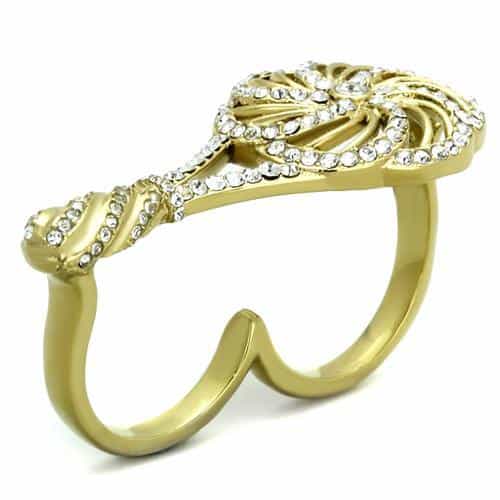 Stainless Steel Gold IP CZ Wave Swirl Pave Double Finger Ring view 8