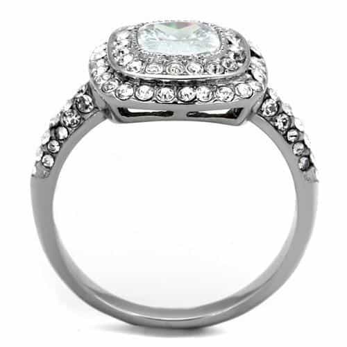 Stainless Steel CZ Cushion Double Halo Pave Ring view 3