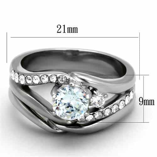 Stainless Steel CZ Round Solitaire Crossover Pave Bridal Set Ring view 6