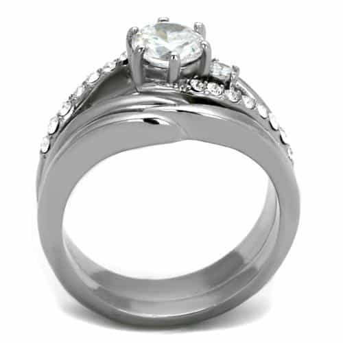 Stainless Steel CZ Round Solitaire Crossover Pave Bridal Set Ring view 3