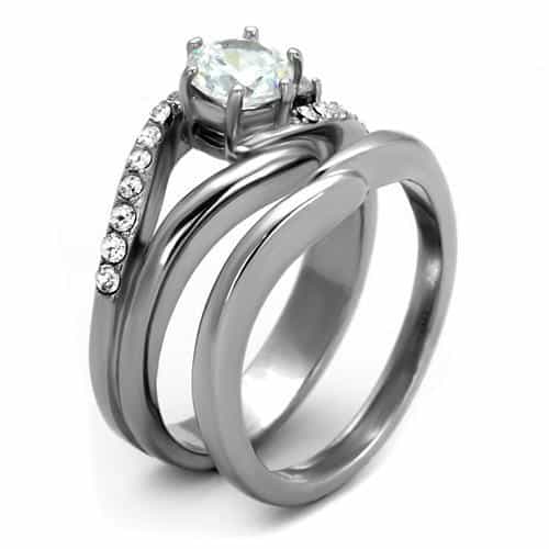 Stainless Steel CZ Round Solitaire Crossover Pave Bridal Set Ring view 8