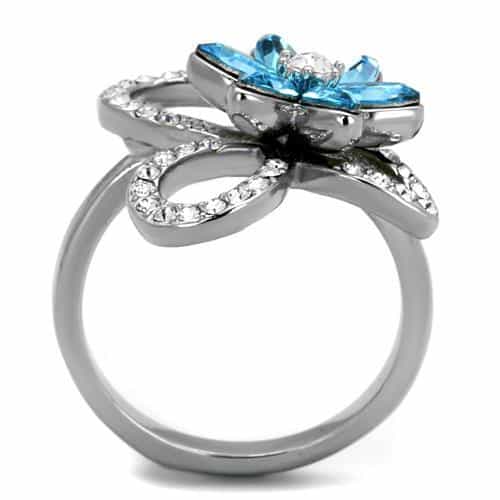 Stainless Steel Blue Topaz Flower Petal CZ Loop Ring view 3
