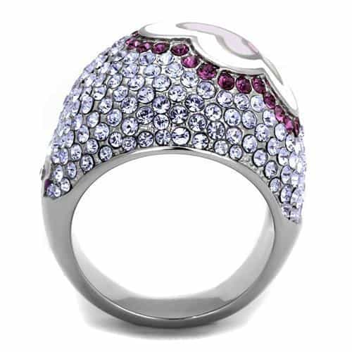 Stainless Steel White Enamel Butterfly Pink Purple Crystal Ring view 7