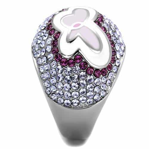 Stainless Steel White Enamel Butterfly Pink Purple Crystal Ring view 8