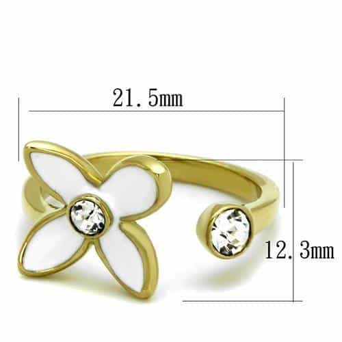 Stainless Steel Gold IP White Enamel Flower CZ Bypass Open Ring view 6