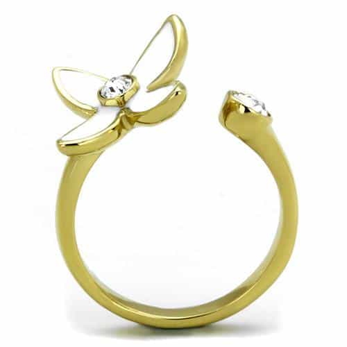 Stainless Steel Gold IP White Enamel Flower CZ Bypass Open Ring view 3