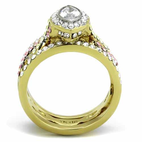 Stainless Steel Gold IP CZ Marquise Halo Pink Accent Bridal Ring view 7