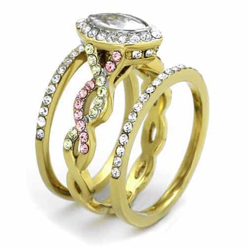 Stainless Steel Gold IP CZ Marquise Halo Pink Accent Bridal Ring view 8